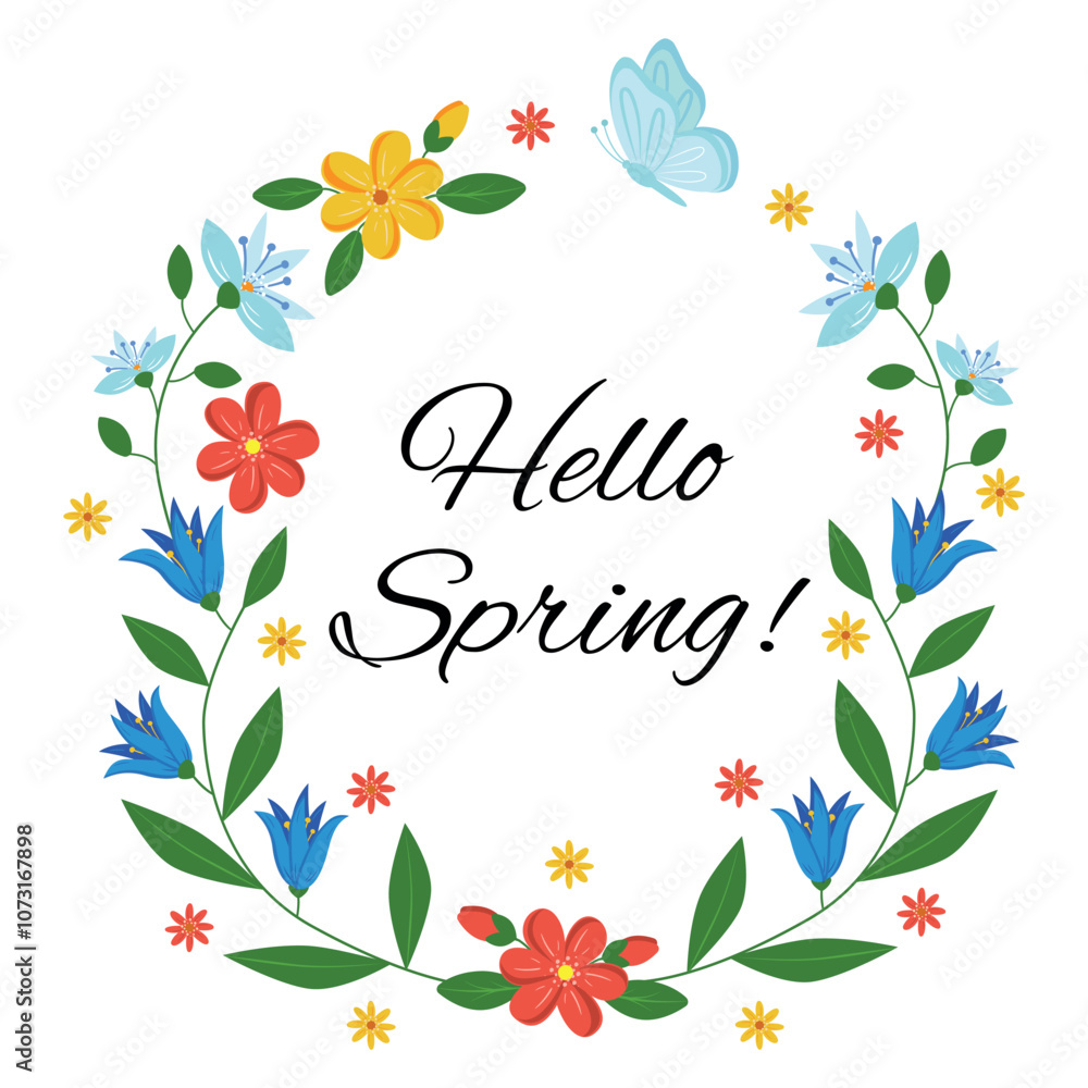 Square greeting card Hello spring beautiful simple flowers, butterfly, vector illustration on a white background Square greeting card Hello spring beautiful simple flowers, butterfly, vector illustration on a white background