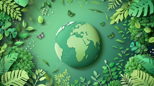 A papercraft globe surrounded by green leaves and butterflies on a green background.