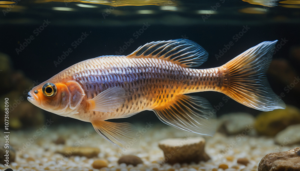 A Molly Fish swimming in crystal-clear water with a natural background. Suitable for marketing or business purposes A Molly Fish swimming in crystal-clear water with a natural background. Suitable for marketing or business purposes