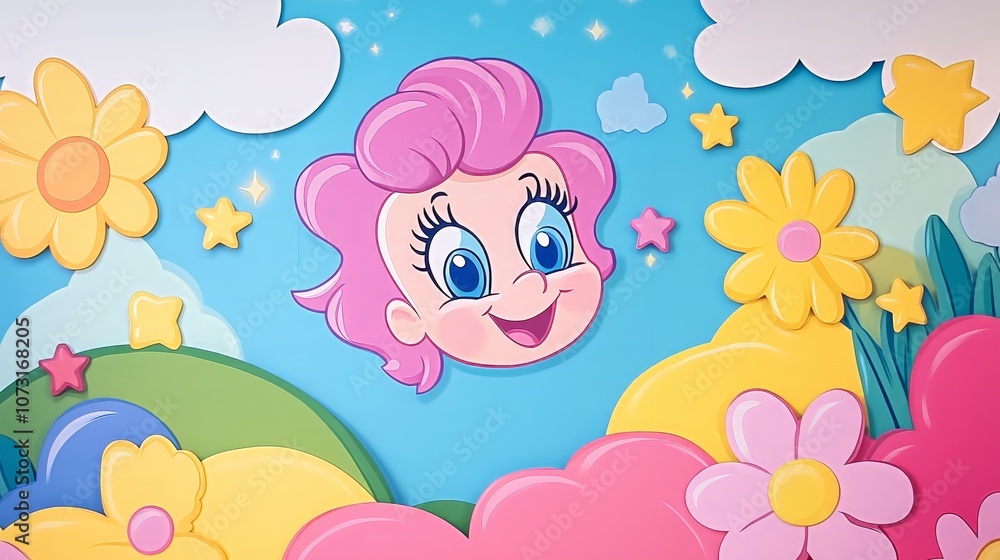 Colorful landscape with smiling character and bright flowers Colorful landscape with smiling character and bright flowers