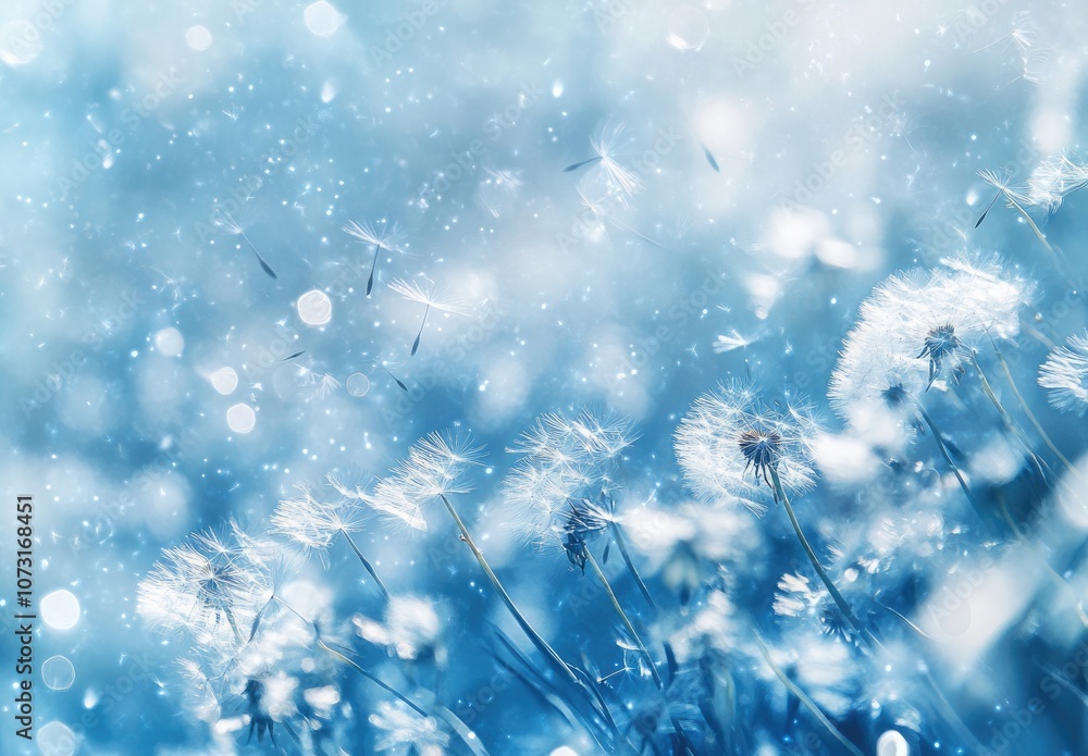 Close-up of dandelion seeds in the wind, with pastel colors, a light blue background, a bokeh effect Close-up of dandelion seeds in the wind, with pastel colors, a light blue background, a bokeh effect
