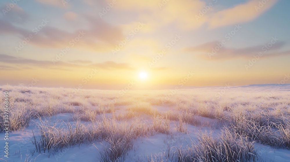 Snowy Field with Sunset and Frosty Grass Snowy Field with Sunset and Frosty Grass
