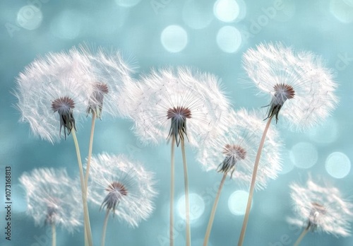 Close-up of dandelion seeds in the wind, with pastel colors, a light blue background, a bokeh effect