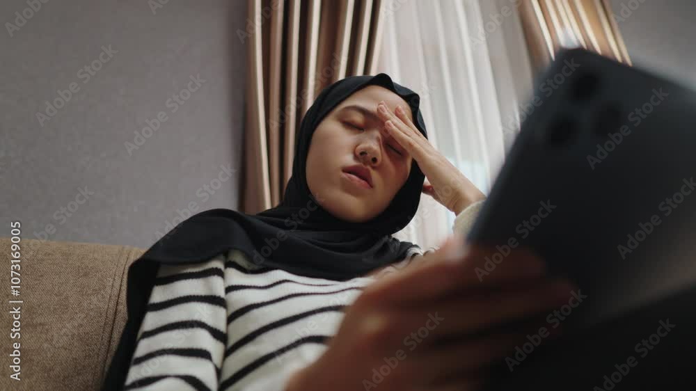 A hijab-wearing woman feeling frustrated and stressed while seeing poor work results on her gadget. Worried, hopeless, and disappointed facial expression from reading bad news. A hijab-wearing woman feeling frustrated and stressed while seeing poor work results on her gadget. Worried, hopeless, and disappointed facial expression from reading bad news.