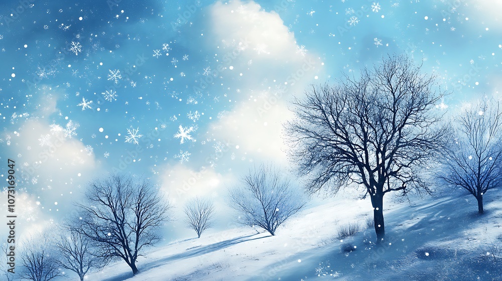 Snowy Winter Landscape with Bare Trees and Blue Sky Snowy Winter Landscape with Bare Trees and Blue Sky