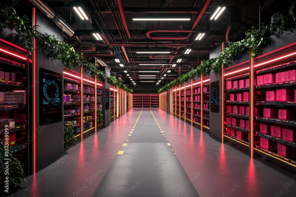 Futuristic Warehouse Interior with Smart Automated Shelves and Enhanced Lighting for Efficient Stock Management and Inventory Organization Futuristic Warehouse Interior with Smart Automated Shelves and Enhanced Lighting for Efficient Stock Management and Inventory Organization