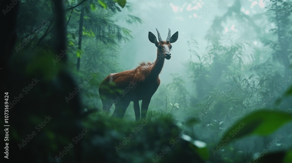 A young deer stands in a misty forest, its fur a rich brown against the green foliage. A young deer stands in a misty forest, its fur a rich brown against the green foliage.