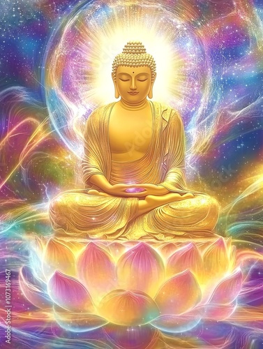 Golden buddha meditation with vibrant metaphysical symbols for spiritual tranquility