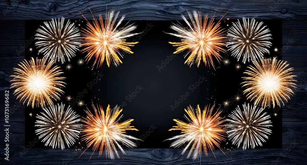 Sylvester 2025, New Year's Eve, New Year background panorama long - Firework Fireworks on rustic brown wooden wood texture Sylvester 2025, New Year's Eve, New Year background panorama long - Firework Fireworks on rustic brown wooden wood texture