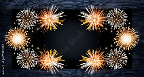 Sylvester 2025, New Year's Eve, New Year background panorama long - Firework Fireworks on rustic brown wooden wood texture