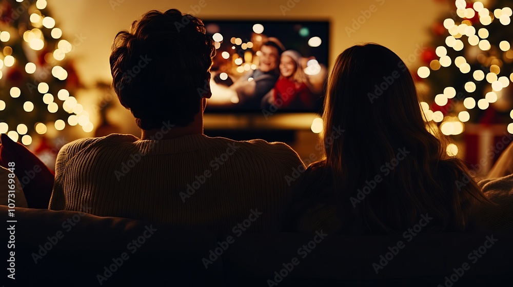 Cozy Couples Night Watching Movies By Christmas Tree with Ambient Lights : Generative AI Cozy Couples Night Watching Movies By Christmas Tree with Ambient Lights : Generative AI
