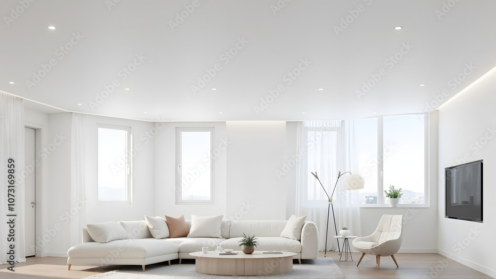 Fototapeta premium Stylish modern living room with white walls, sofa, and large windows for natural light