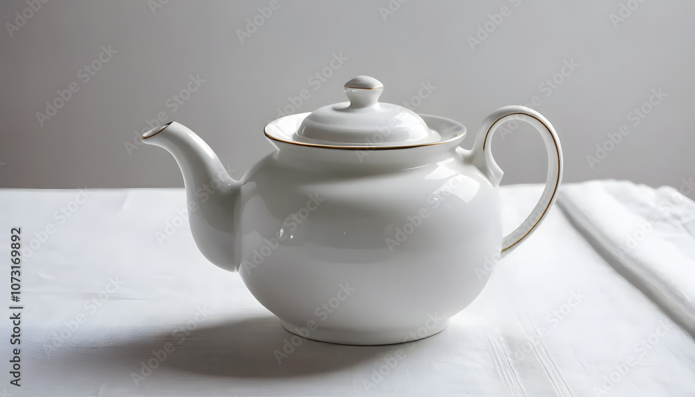 Elegant white porcelain teapot with gold trim on a light background for tea service
Elegant white porcelain teapot with gold trim on a light background for tea service