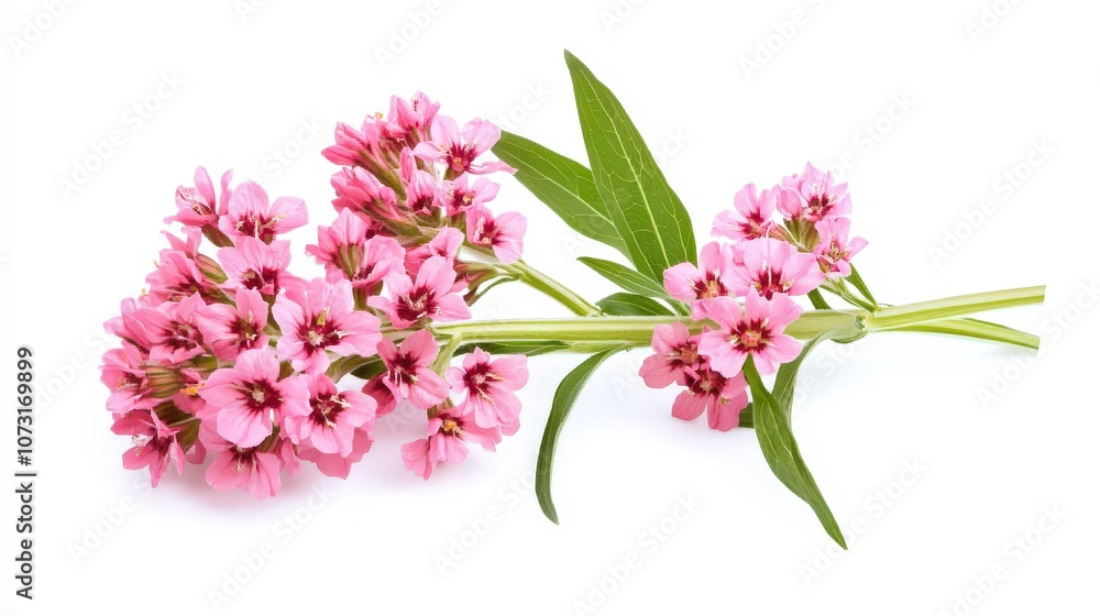 Pink phlox flowers on white background: vibrant blooms with green leaves Pink phlox flowers on white background: vibrant blooms with green leaves