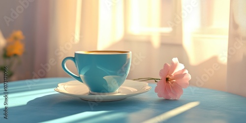 Coffee and flower on table photo