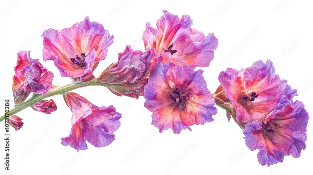 Vibrant purple and pink delphinium flowers on white background for floral designs Vibrant purple and pink delphinium flowers on white background for floral designs