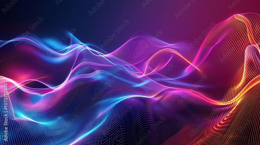 Fototapeta premium Abstract, glowing, colorful, wavy lines and dots forming a pattern.