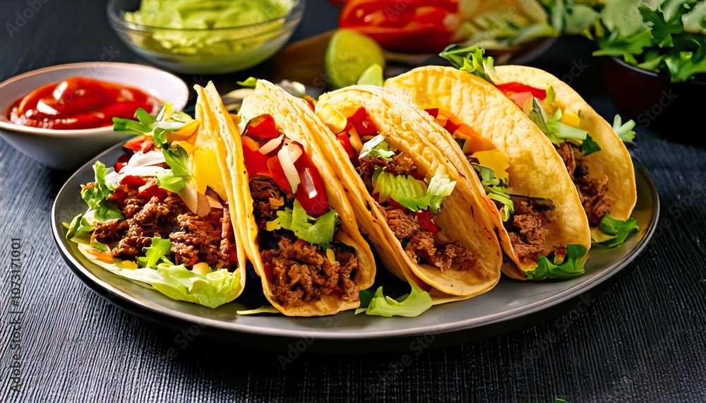 Tasty beef tacos made with soft tortillas, seasoned ground beef, lettuce, cheese, and salsa Tasty beef tacos made with soft tortillas, seasoned ground beef, lettuce, cheese, and salsa