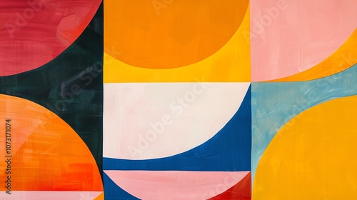 A colourful abstract painting with overlapping geometric shapes.