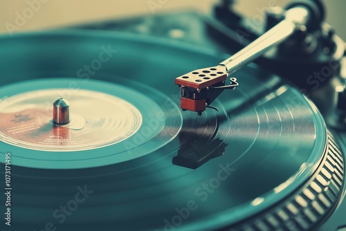 Vintage turntable spinning vinyl record with tonearm and needle in focus