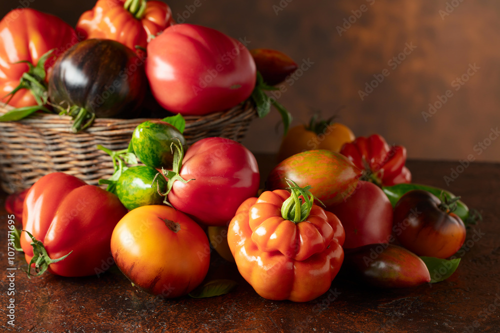 Different varieties of tomatoes on a brown background.