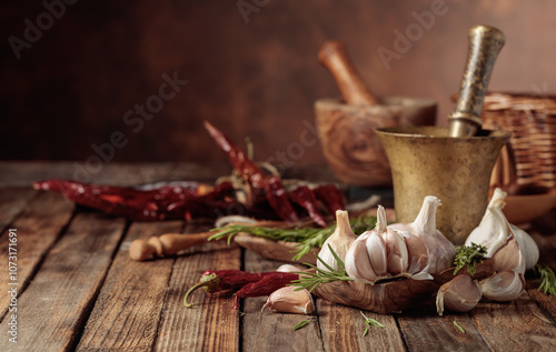 Garlic bulbs with rosemary and red pepper.