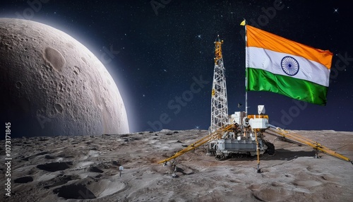 Historic Moon Landing by Chandrayaan 3 - Proud Moment for India with Flag on Lunar Surface