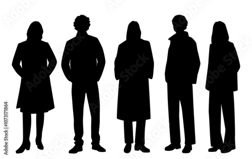 Vector silhouettes of  men and a women, a group of standing   business people, profile, black isolated on white background