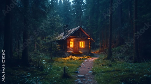 A Cozy Cabin Illuminated in a Dark Forest