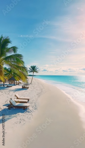 Fototapeta Naklejka Na Ścianę i Meble -  Tropical paradise Idyllic white sand beach with palm trees and crystal-clear turquoise water