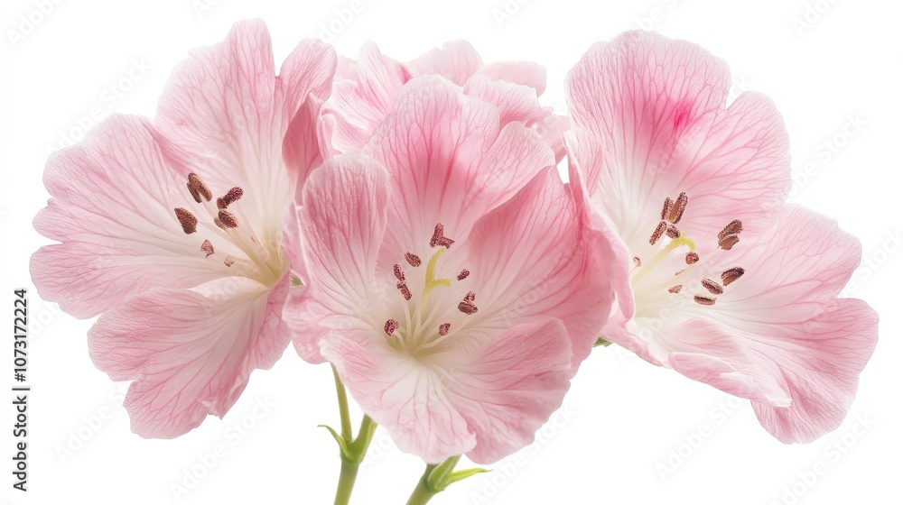 Fototapeta premium Delicate pink geranium flowers in full bloom on white background