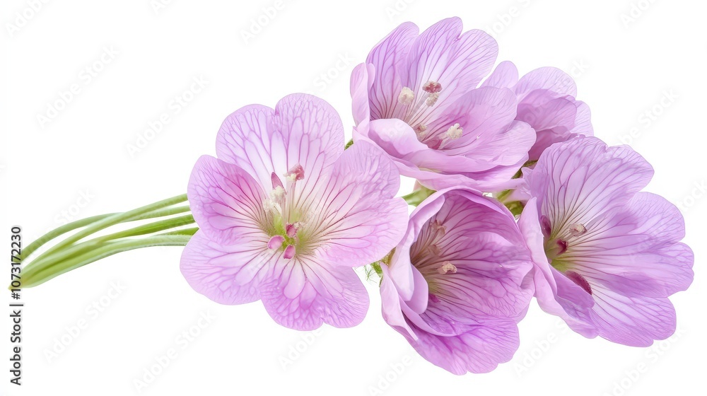 Delicate pink flowers with detailed petals and green stems on white background Delicate pink flowers with detailed petals and green stems on white background