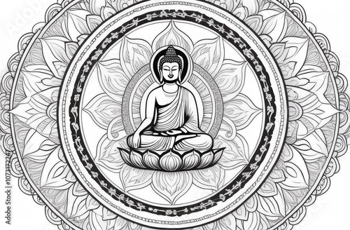 Black and white line art depicting a meditating Buddha figure centered in an intricately designed mandala pattern with lotus motifs, highlighting spiritual and artistic details photo