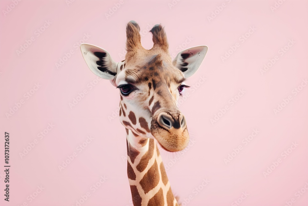 Fototapeta premium Giraffe on a pink color background, vector art, digital art, faceted, minimal, abstract, panorama background.