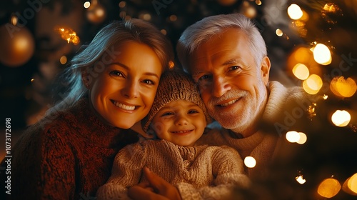 Intergenerational Family Basking in Christmas Spirit Surrounded by Warm Holiday Lights : Generative AI