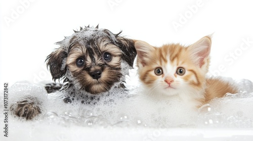Cute dog and cat with shampoo bubbles in a tub, isolated on white background, ideal for bath time