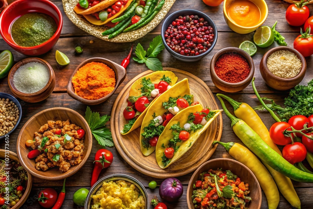Vibrant Table Setting with Toppings and Spices for Tacos, Burritos, and Nachos – A Culinary Delight for Food Lovers and Home Chefs Vibrant Table Setting with Toppings and Spices for Tacos, Burritos, and Nachos – A Culinary Delight for Food Lovers and Home Chefs