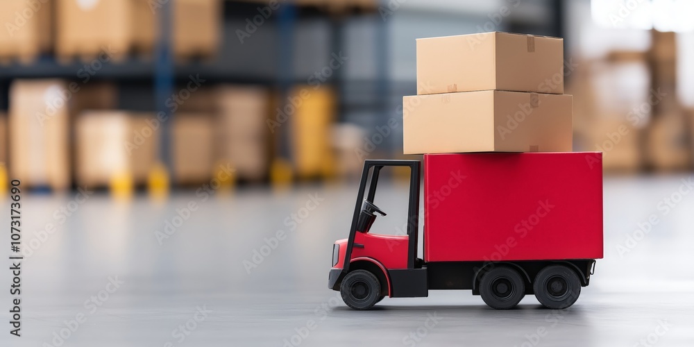A red toy truck carries stacked cardboard boxes in a warehouse setting, symbolizing logistics and storage operations. A red toy truck carries stacked cardboard boxes in a warehouse setting, symbolizing logistics and storage operations.