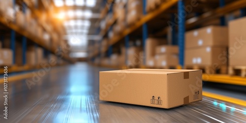 A cardboard box sits on the warehouse floor, surrounded by neatly stacked boxes, showcasing organized storage in a modern logistics facility.