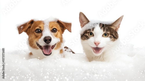 Happy dog and cat with foam on faces, sitting in a bathtub, isolated on white for a clean pet theme