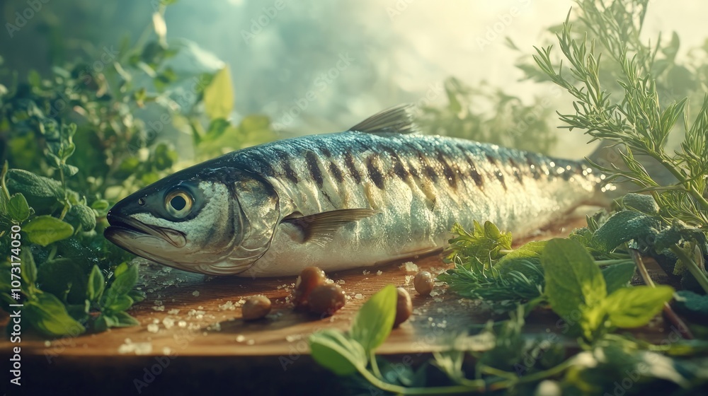 Fresh mackerel fish with herbs and salt on a wooden board, ready for cooking. Fresh mackerel fish with herbs and salt on a wooden board, ready for cooking.