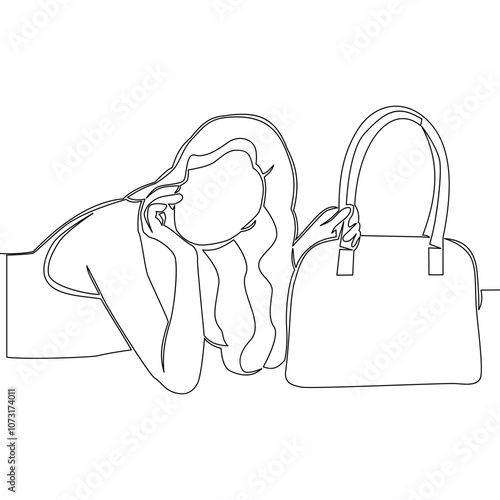 Continuous one single line drawing woman woman is promoting a designer bag icon vector illustration concept