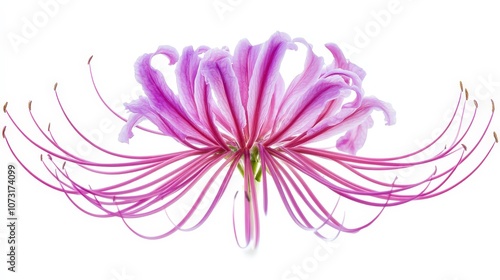 Vibrant pink lycoris radiata lily with elegant curved petals on white background