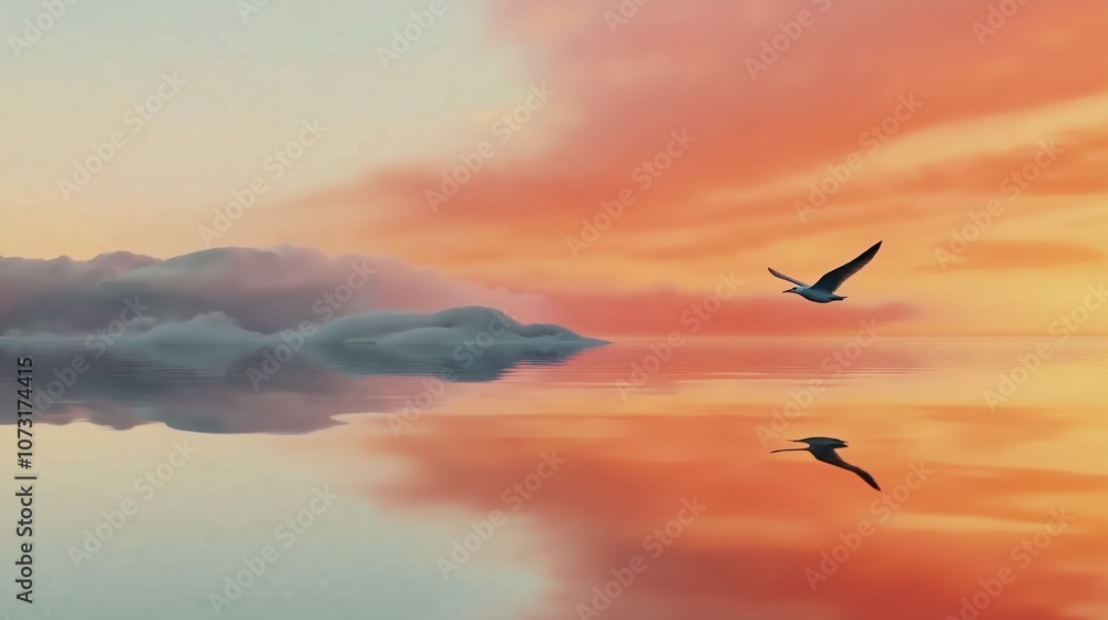 Fototapeta premium Serene sunset over calm ocean with seagull in flight reflected in peaceful waters