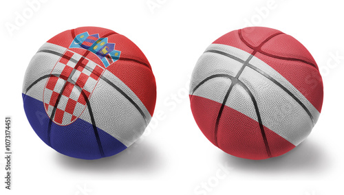 basketball balls with the national flags of austria and croatia on the white background. photo