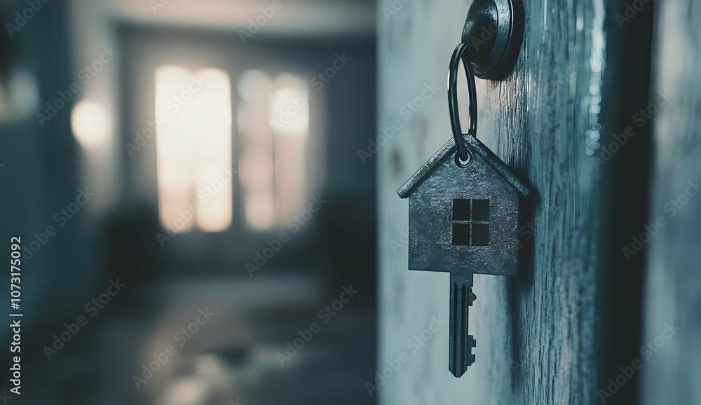 A close-up of a house key hanging from a door, symbolizing home and security. A close-up of a house key hanging from a door, symbolizing home and security.
