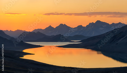 Wallpaper Mural Sunset in the mountains at a calm lake - Sunset over the mountain reflection at golden hour, Calm mountain lake reflecting the sunset in the mountains, dawn Torontodigital.ca