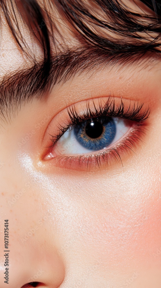 Close-up of an eye showcasing vibrant blue iris and well-defined lashes on a smooth, radiant face, Ideal for beauty, skincare, and wellness projects Close-up of an eye showcasing vibrant blue iris and well-defined lashes on a smooth, radiant face, Ideal for beauty, skincare, and wellness projects