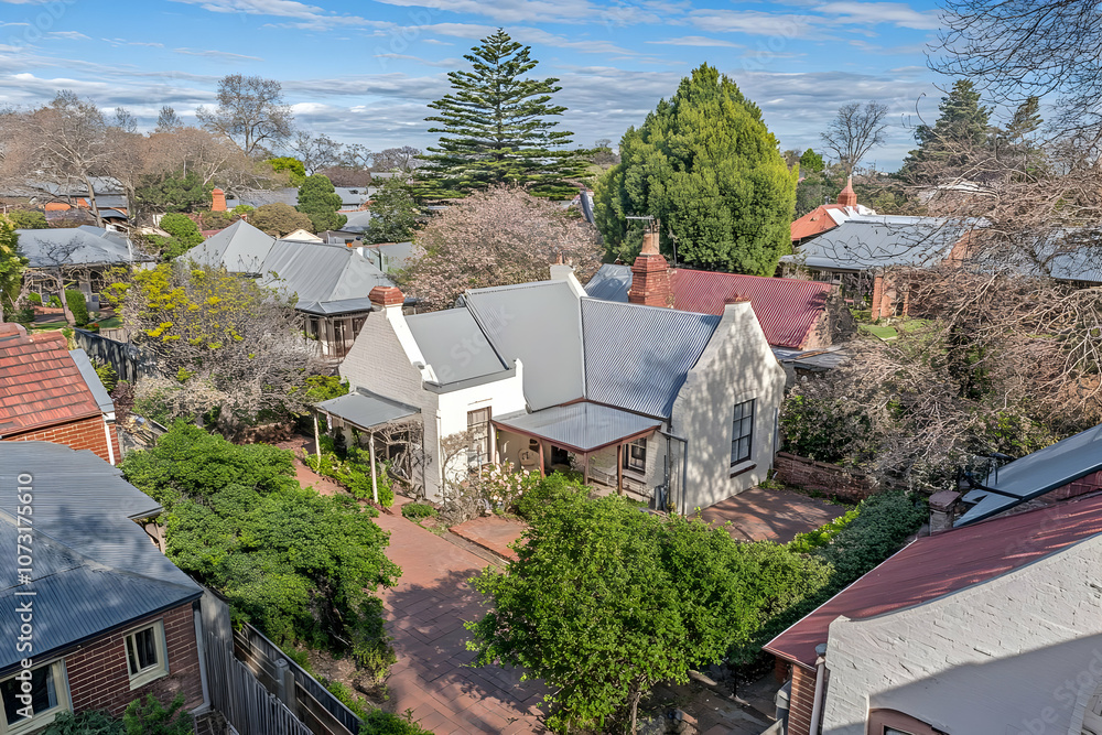 Aerial view of quaint houses with gardens in a residential area. Aerial view of quaint houses with gardens in a residential area.