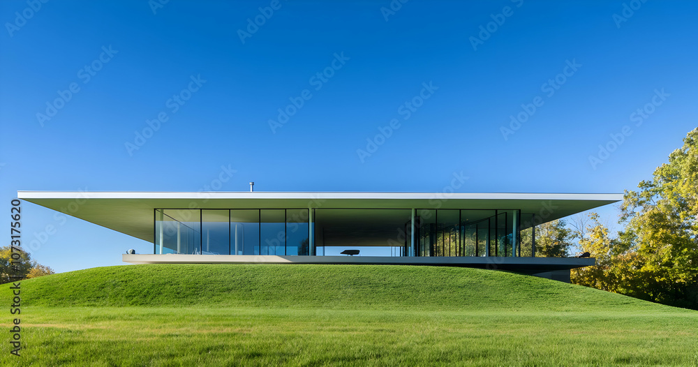 Obraz premium Modern architectural structure with a flat roof set on a grassy hill under a clear blue sky.